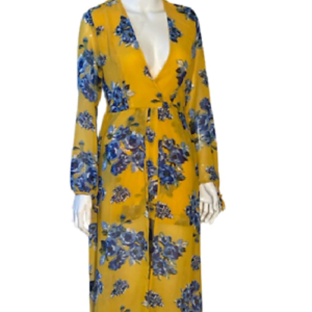 Discovery Women's Gown Sleeping Romper Dress Floral Wrap Long Sleeve Yellow SZ M